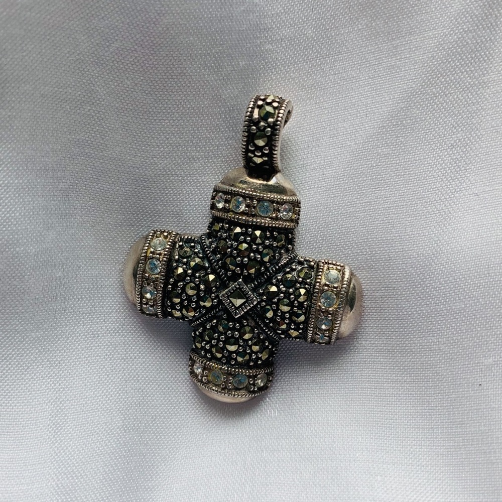 Marcasite & Crystal Sterling Cross Pendant